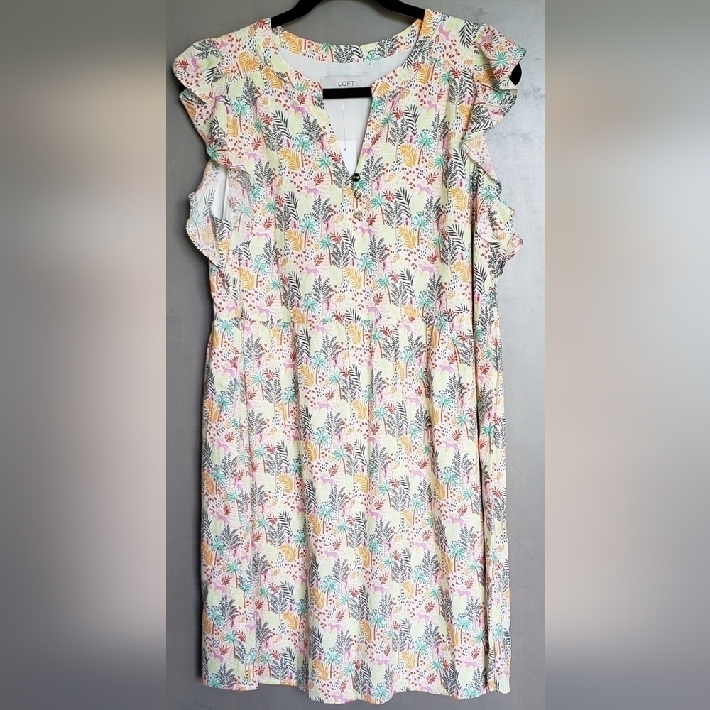 Loft Women's Pink Tiger Monkey Tropical Print Flutter Dress - Size M